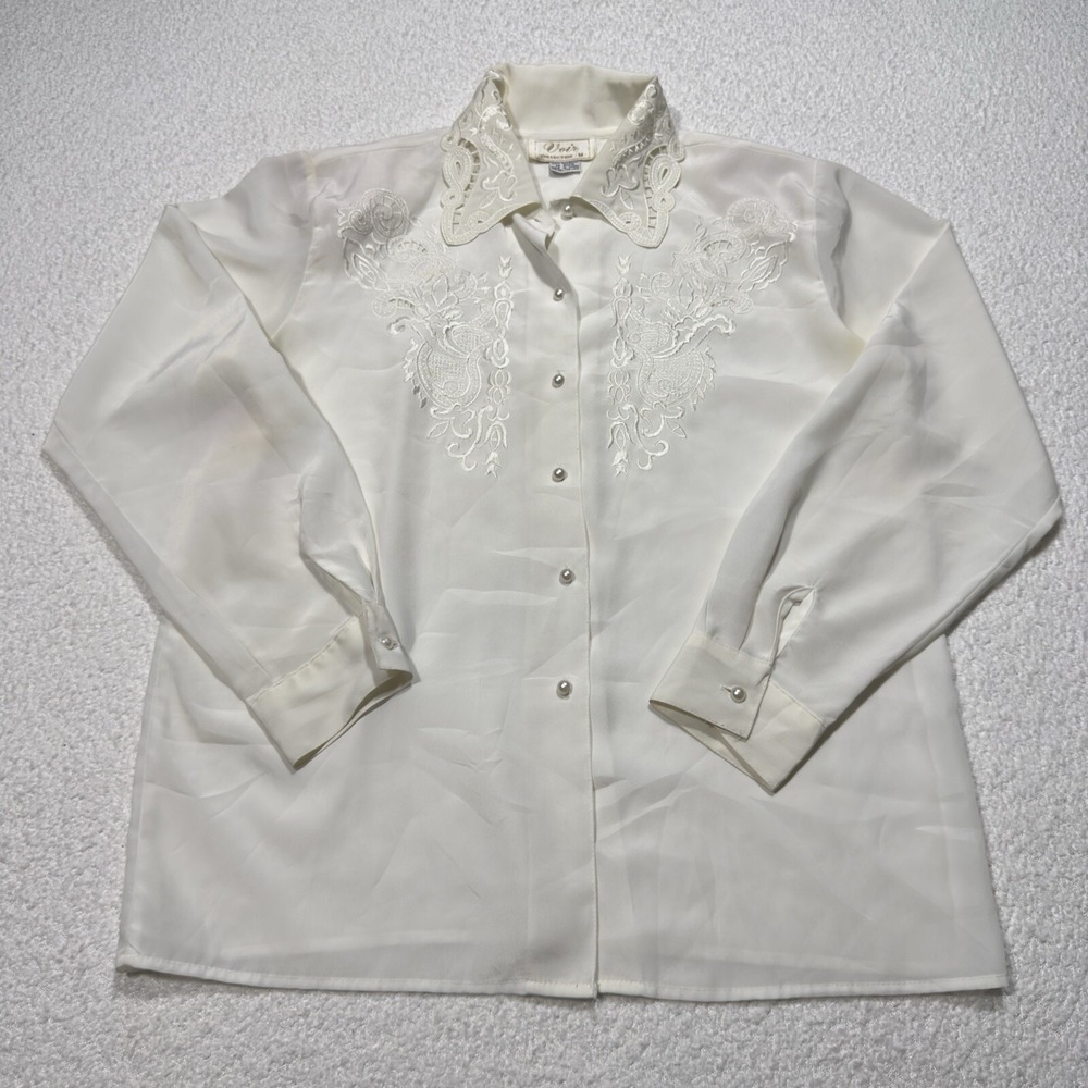 Voir Collection Women's Blouse Vintage Pearl Button Up Embroidered Ivory Sz Med